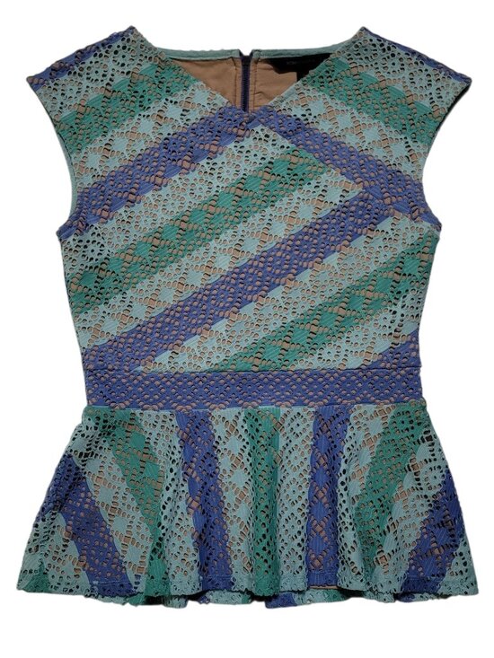 BCBGMaxAzria Tops - BCBGMAXAZRIA Heidy Lace Peplum Top Aqua Combo Stripe Small Quiet Luxury